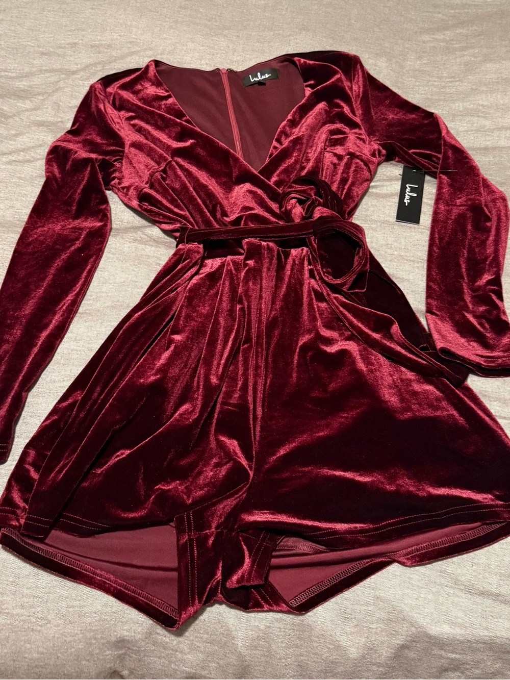 Lulu's Velvet Wrap Romper in Deep Burgundy